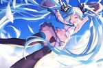  2016 absurdly_long_hair aqua_hair armpits arms_up bison_cangshu black_panties closed_eyes dated day detached_sleeves hatsune_miku highres long_hair midriff navel necktie panties skirt sky solo thighhighs twintails underwear very_long_hair vocaloid 