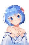  :o bangs blue_eyes blue_hair blush breasts cleavage collarbone eyebrows_visible_through_hair face flower hair_flower hair_ornament hand_on_own_chest knightzzz off_shoulder open_mouth re:zero_kara_hajimeru_isekai_seikatsu rem_(re:zero) ribbon short_hair simple_background small_breasts solo upper_body white_background wide_sleeves x_hair_ornament younger 