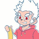  2016 animal_humanoid animated banana bandage clothed clothing food fruit fully_clothed grin hair hoodie humanoid loop male red_eyes simple_background solo suggestive suggestive_food thick_eyebrows white_background white_hair zxanzai 