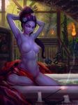  armpits bathtub breasts candle caustic_crayon clothes_removed hair_ornament hair_slicked_back hairpin highres incense medium_breasts navel nipples nude overwatch purple_hair purple_skin smoke solo stomach widowmaker_(overwatch) 