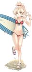  aqua_eyes bikini blonde_hair blush bracelet braid breasts collarbone fate/apocrypha fate/grand_order fate_(series) french_braid front-tie_bikini front-tie_top full_body groin holding jewelry kickboard leg_up long_hair looking_down mordred_(fate)_(all) mordred_(swimsuit_rider)_(fate) navel open_mouth ponytail pt red_bikini sandals side-tie_bikini small_breasts solo swimsuit water 