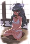  barefoot bra hair_ribbon hands_together high_ponytail incense indian_style indoors long_hair lotus_position meditation one_eye_closed original panties ribbon silver_hair sitting solo underwear underwear_only white_bra white_panties yoshizaki_mine 