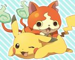  blue_background cat fangs fire gen_1_pokemon ground_vehicle haramaki jibanyan jippe looking_at_another no_humans one_eye_closed open_mouth patterned_background pikachu pokemon pokemon_(creature) smile tail-tip_fire youkai youkai_watch 
