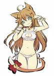  :3 ahoge animal_ears ass_visible_through_thighs bell bell_collar bow breasts brown_hair cat_cutout cat_ears cat_lingerie cat_tail cleavage cleavage_cutout collar cowboy_shot cross_hair_ornament enokorogusa_(flower_knight_girl) fang flower_knight_girl green_eyes hair_ornament head_tilt highres long_hair medium_breasts meme_attire midriff navel panties paw_pose side-tie_panties solo tail tail_bell tail_bow underwear ushi_(ushi22) white_background x_hair_ornament 
