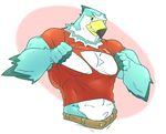 2015 4_fingers abs animal_crossing anthro arm_tuft avian beak belt bird blue_feathers chest_tuft clothing colored digital_drawing_(artwork) digital_media_(artwork) feathers front_view grin half-length_portrait happyending hawk head_tuft male manly multicolored_feathers muscular muscular_male nintendo no_sclera one_eye_closed pecs pierce_(animal_crossing) portrait pubes red_clothing shaded shirt simple_background solo teeth tuft video_games white_background white_feathers wink yellow_beak yellow_eyes 