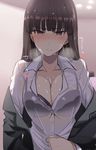  bangs black_bra black_jacket blunt_bangs blush bra breasts brown_eyes brown_hair cleavage girls_und_panzer haruichi jacket large_breasts long_hair looking_at_viewer mature nishizumi_shiho off_shoulder open_clothes open_jacket see-through shirt sketch solo standing underwear upper_body wet wet_clothes wet_hair wet_shirt 