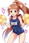  :d backpack bag blush breasts brown_eyes brown_hair collarbone covered_navel flying_sweatdrops hair_ornament hair_scrunchie heart highres idolmaster idolmaster_cinderella_girls long_hair looking_at_viewer medium_breasts name_tag old_school_swimsuit one-piece_swimsuit open_mouth paopao pom_poms ponytail randoseru school_swimsuit scrunchie shiny shiny_skin smile solo swimsuit twitter_username very_long_hair wakabayashi_tomoka white_background 