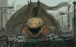  denchi_(kdti) gills godzilla_(series) ground_vehicle kaijuu monster monster_in_kamata motor_vehicle power_lines sharp_teeth shin_godzilla spoilers teeth traffic_light 