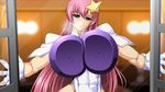  1girl abs against_glass bare_shoulders blue_eyes breast_press breasts breath covered_navel curvy erect_nipples fourth_wall gloves gundam gundam_seed gundam_seed_destiny huge_breasts leotard long_hair looking_at_viewer meer_campbell parted_lips pink_hair shiny shiny_clothes shiny_hair shiny_skin smile solo very_long_hair wide_hips 
