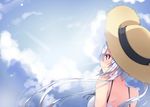  blue_sky casual cloud cloudy_sky day from_behind hat long_hair looking_afar matoi_(pso2) milkpanda phantasy_star phantasy_star_online_2 red_eyes sky solo spaghetti_strap straw_hat sunrise twintails white_hair wind 