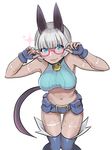  :3 adjusting_eyewear animal_ears bell bell_choker belt belt_pouch bespectacled blue_eyes breasts cat_ears cat_tail choker dark_skin fingerless_gloves fingernails glasses gloves halter_top halterneck knee_pads medium_breasts midriff mosa_tarou ms._fortune_(skullgirls) navel pink-framed_eyewear pouch scar semi-rimless_eyewear sharp_fingernails short_hair silver_hair skullgirls slit_pupils solo tail thigh_gap under-rim_eyewear white_background 