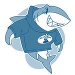  blue_and_white blue_theme clothing cute digital_drawing_(artwork) digital_media_(artwork) dorsal_fin feral fin fish full-length_portrait happyending hoodie marine monochrome portrait shark sharp_teeth simple_background smile solo symbol tail_fin teeth toony white_background 