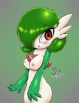  big_breasts blush breasts female gardevoir green_hair hair hair_over_eye humanoid jollysaunter nintendo nipples pok&eacute;mon red_eyes solo solo_focus video_games 