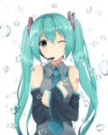  aqua_hair aqua_nails bare_shoulders bubble detached_sleeves green_eyes hands_on_own_chest hatsune_miku head_tilt headset highres kuchinawa_(nuhsshun) long_hair looking_at_viewer nail_polish necktie one_eye_closed smile solo twintails upper_body very_long_hair vocaloid wide_sleeves 