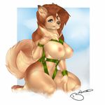  big_breasts blue_eyes boait breasts brown_fur brown_hair brown_nose canine dog female fluffy fluffy_tail fur hair husky looking_at_viewer mammal nipples nude solo 