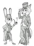  belt bow_tie button_(disambiguation) canine clothing cravat disney drawing fox fur gloves hat judy_hopps lagomorph long_coat long_ears mammal nick_wilde rabbit shadow-gate smile smoke smoking_pipe suit walking_stick ziegelzeig zootopia 