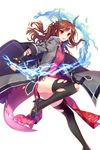  black_legwear brown_hair electricity high_heels highres horns jacket leg_up long_hair looking_at_viewer official_art open_mouth red_eyes shirahane_nao sky_(soccer_spirits) soccer_spirits solo thighhighs transparent_background 