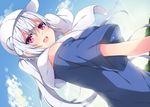  :d blue_sky cloud cloudy_sky day dutch_angle hat long_hair looking_at_viewer matoi_(pso2) milkpanda open_mouth phantasy_star phantasy_star_online_2 ponytail red_eyes shirt sky smile solo t-shirt towel towel_around_neck white_hair 