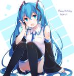  absurdres aqua_eyes blue_hair character_name detached_sleeves happy_birthday hatsune_miku headset highres kaneko_aaru long_hair looking_at_viewer necktie open_mouth sitting skirt solo thighhighs twintails very_long_hair vocaloid 