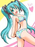  aqua_eyes aqua_hair arched_back arms_behind_back bikini from_side hair_ribbon hatsune_miku highres long_hair looking_at_viewer nishi_kita open_mouth ribbon solo swimsuit twintails very_long_hair vocaloid 