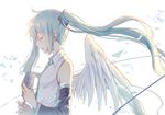  ahoge angel_wings aqua_hair aqua_neckwear closed_eyes collared_shirt detached_sleeves feathered_wings from_side hatsune_miku highres holding holding_microphone long_hair microphone mimengfeixue necktie profile shirt simple_background single_wing solo twintails upper_body vocaloid white_background white_shirt wings 