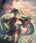  2016 absurdres artist_name character_name cloud dated detached_sleeves green_eyes green_hair happy_birthday hatsune_miku highres long_hair necktie open_mouth outstretched_arms skirt solo spread_arms thighhighs toushi_(1213704694) twintails very_long_hair vocaloid 