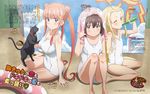  animal animal_print arm_support bare_legs barefoot bell bell_collar blonde_hair blue_eyes body_blush bottle breasts brown_eyes brown_hair bunny_print cat colette_(kono_bijutsubu_niwa_mondai_ga_aru!) collar covered_navel dengeki_g's double_bun drinking flat_chest forehead green_eyes highres imari_maria jingle_bell jpeg_artifacts kono_bijutsubu_niwa_mondai_ga_aru! large_breasts masuda_kuniaki multiple_girls one-piece_swimsuit one_eye_closed orange_hair print_towel scan school_swimsuit short_hair sidelocks sitting small_breasts smile swimsuit towel towel_on_head twintails usami_mizuki wariza white_school_swimsuit white_swimsuit yokozuwari 