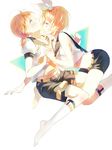  1girl absurdres alkali blonde_hair blue_eyes blush brother_and_sister couple hair_ornament hair_ribbon hairclip hetero highres incest interlocked_fingers kagamine_len kagamine_rin matching_outfit midriff open_mouth ribbon sailor_collar short_hair shorts siblings twincest twins vocaloid 