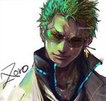  character_name collar earrings green_hair jewelry male_focus one_eye_closed one_piece roronoa_zoro scar smile solo sunglasses tsuyomaru 