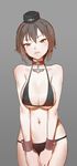  bikini black_bikini breasts brown_eyes brown_hair choker cleavage cowboy_shot garrison_cap girls_und_panzer grey_background hat highres large_breasts looking_at_viewer navel nishizumi_maho parted_lips short_hair simple_background smile solo swimsuit tim_loechner v_arms wrist_cuffs 