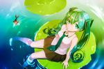  fish from_above green_eyes green_hair hatsune_miku isozi lily_pad long_hair necktie sitting skirt soaking_feet solo twintails very_long_hair vocaloid water 