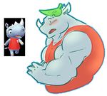  2015 4_fingers animal_crossing anthro biceps big_biceps blush clothed clothing colored digital_drawing_(artwork) digital_media_(artwork) dot_eyes eyebrows grey_skin half-length_portrait happyending horn leaf light male mammal manly muscular muscular_male nintendo pecs portrait red_clothing red_tongue rhinoceros shirt side_view simple_background solo tank_(animal_crossing) video_games white_background white_horn 