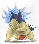  animal_genitalia animal_penis balls canine_penis fan_character feral grin knot male nintendo penis pok&eacute;mon python13rp simple_background solo typhlosion video_games yaroul 