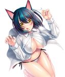  1girl :3 animal_ears areola_slip areolae artist_request bikini blue_hair blush breasts cat_ears cleavage fang female large_breasts legs licking_lips lilith-soft long_hair looking_at_viewer merci_(taimanin_asagi) no_bra open_clothes panties shiny shiny_skin short_hair side-tie_panties simple_background slit_pupils smile solo taimanin_asagi taimanin_asagi_battle_arena thighs tongue tongue_out white_background yellow_eyes 