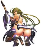  1girl asagiri ass bodysuit breasts erect_nipples female green_hair large_breasts legs leotard lilith-soft long_hair looking_at_viewer looking_back open_mouth pussy red_eyes serious shijo_kisaragi shiny_skin skin_tight solo taimanin_asagi taimanin_asagi_battle_arena thong_leotard weapon 