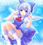  alternate_footwear arms_up bloomers blue_background blue_dress blue_eyes blue_hair blush boots cirno dress folded_leg hair_ribbon highres looking_at_viewer open_mouth puffy_short_sleeves puffy_sleeves reimei_(r758120518) ribbon round_teeth short_hair short_sleeves snowflakes solo teeth touhou underwear white_footwear wings 