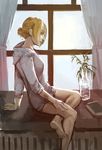  annie_leonhardt backlighting bad_id bad_tumblr_id barefoot blonde_hair book bottle curtains from_side hair_bun highres indoors medeakn nose plant profile shingeki_no_kyojin sitting solo sweater window 