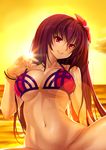  bikini_top bottomless breasts brown_hair fate/grand_order fate_(series) flower hair_flower hair_ornament hibiscus kazuma_muramasa long_hair medium_breasts navel red_eyes scathach_(fate)_(all) scathach_(swimsuit_assassin)_(fate) solo spread_legs swimsuit 