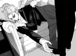  birthmark blanket bow bowtie closed_eyes couch covering_with_blanket dio_brando emg_(christain) greyscale hatching_(texture) jojo_no_kimyou_na_bouken male_focus monochrome sleeping solo_focus table tuxedo 