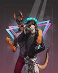  5_fingers anthro black_nose blue_eyes blue_hair brown_fur brown_nose canine clothed clothing collar dog duo ear_piercing fur great_dane grey_fur hair male mammal mustelid open_mouth orphen-sirius piercing red_eyes standing teeth tongue weasel 