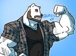  2015 5_fingers anthro bear beard black_clothing blue_background brown_eyebrows brown_hair clothed clothing digital_drawing_(artwork) digital_media_(artwork) facial_hair fist flexing fur grey_clothing hair half-length_portrait happyending huge_muscles humanoid_hands male mammal manly muscular muscular_male no_iris pecs polar_bear portrait pose shirt side_view simple_background solo white_fur 
