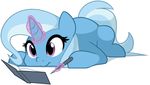  2016 book cute equine female feral friendship_is_magic furrgroup_(artist) hair horn levitation lying magic mammal my_little_pony on_front simple_background smile solo trixie_(mlp) unicorn white_background 