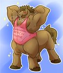  2015 ^_^ armpits biceps big_biceps blue_background blush bottomless brown_eyebrows brown_fur brown_hair clothed clothing cute equine eyes_closed full-length_portrait fur hair hands_behind_head happyending hooves horse huge_muscles male mammal manly muscular muscular_male pecs pink_clothing portrait serratus shirt side_view simple_background smile snout solo star taur toony 