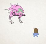  animated animated_gif bodysuit brown_hair d.va_(overwatch) facing_away full_body gloves gun headphones jumping long_hair looking_at_another machine machinery mecha meka_(overwatch) overwatch parody pilot_suit robot science_fiction solo steven_universe walker weapon white_background white_gloves 