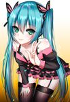  bad_id bad_pixiv_id bare_shoulders black_bra black_legwear blue_hair bra chromatic_aberration garter_straps green_eyes hatsune_miku honey_whip_(module) leaning_forward long_hair looking_at_viewer mallizmora off_shoulder project_diva_(series) project_diva_f smile solo sweet_devil_(vocaloid) thighhighs twintails underwear vocaloid w 