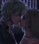  1girl backlighting bad_id bad_pixiv_id blonde_hair collarbone from_side gintama hair_down hand_on_shoulder hetero highres imminent_kiss light medeakn sakata_gintoki scar scar_across_eye silver_hair tsukuyo_(gintama) 