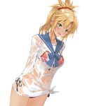  bikini bikini_under_clothes blonde_hair blush dutch_angle fate/apocrypha fate/grand_order fate_(series) front-tie_top green_eyes highres looking_at_viewer mordred_(fate)_(all) mordred_(swimsuit_rider)_(fate) navel open_mouth ponytail red_bikini sailor_collar school_uniform see-through serafuku shirt side-tie_bikini simple_background smile solo swimsuit tied_shirt tokopi wet wet_clothes white_background 