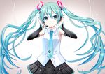  aqua_eyes aqua_hair blue_moment detached_sleeves hands_on_headphones hatsune_miku headset highres long_hair necktie skirt smile solo twintails very_long_hair vocaloid 