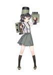  arare_(kantai_collection) arm_up arm_warmers armpit_peek bangs black_hair black_legwear black_skirt buttons cannon collared_shirt full_body hat holding holding_weapon kantai_collection kneehighs looking_at_viewer noco_(adamas) novel_illustration official_art pleated_skirt shirt shoes short_sleeves simple_background skirt solo standing suspender_skirt suspenders weapon white_background white_shirt yellow_eyes 