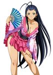  black_hair blue_eyes breasts cleavage collarbone earrings fan folding_fan frilled_skirt frills holding holding_fan ikkitousen jewelry kakouen_myousai large_breasts leaning_forward long_hair looking_at_viewer magatama magatama_earrings simple_background skirt smile solo white_background 